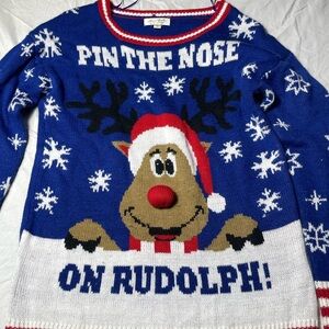 Ultra Flirt Women’s Sweater Blue Acrylic Sz Small Pin The Nose On Rudolph